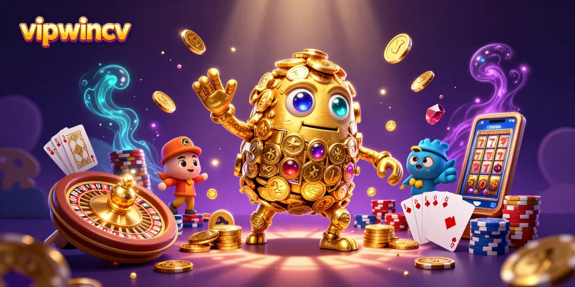 Experience the excitement of vipwincv with a 3D golem and casino elements in vibrant detail.