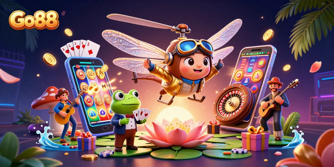 Go88 takes high stakes as a dragonfly pilot hovers above a vibrant lily pad casino.