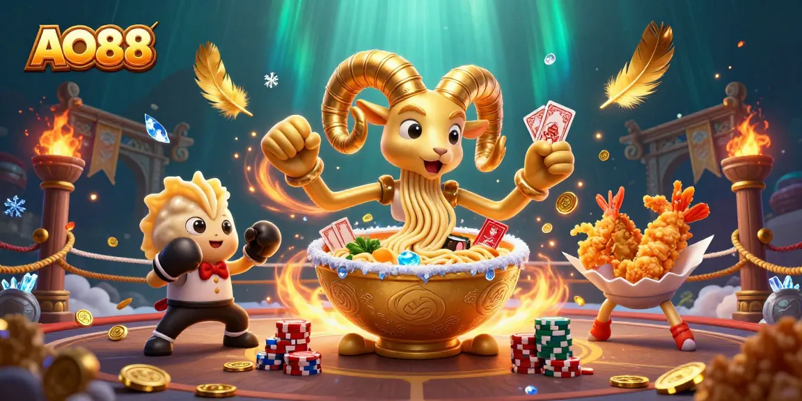 Experience the thrill of AO88 with a dynamic 3D casino scene featuring unique characters and vibrant game elements.