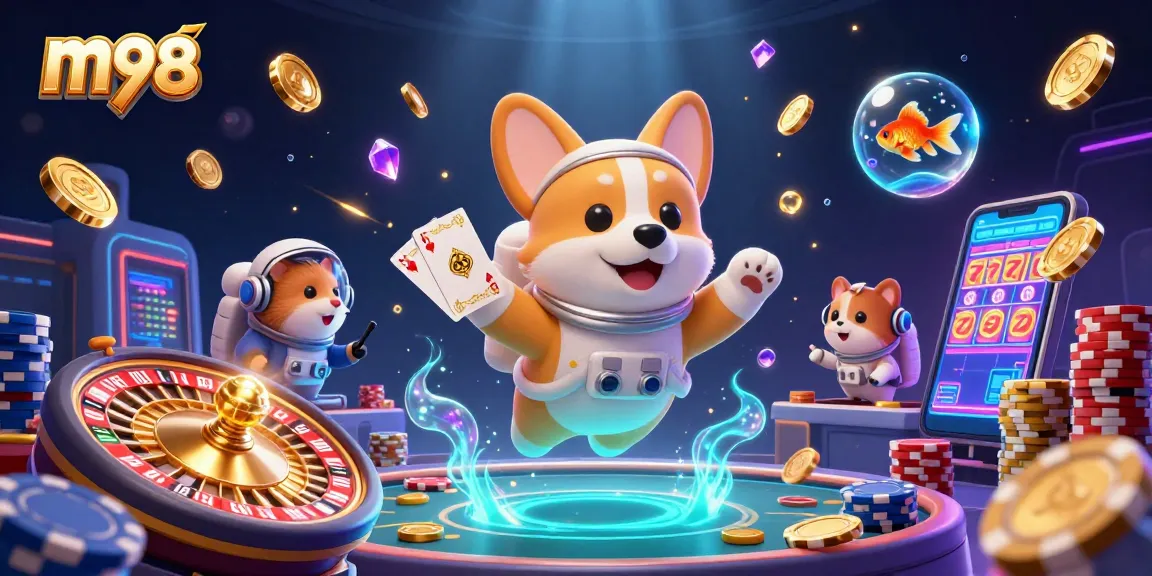 Experience the thrill of m98 in this vibrant space casino scene with coins and jackpot elements