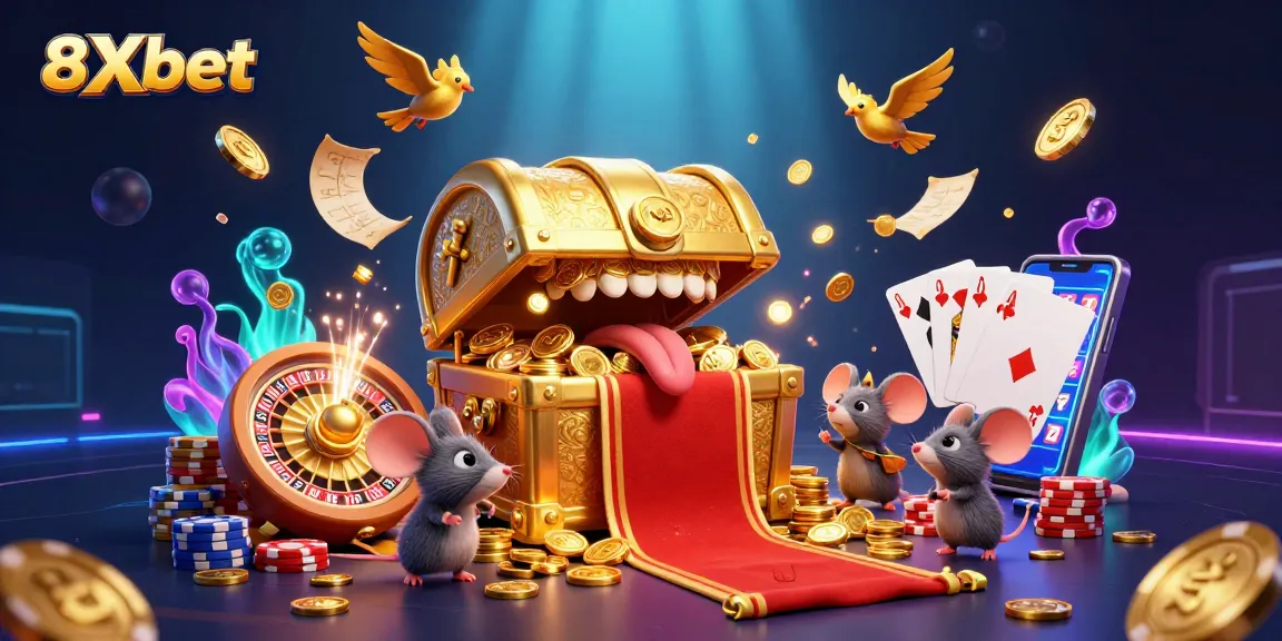 Experience the thrill of 8Xbet with a lively casino scene showcasing adventurer mice and glittering treasures.