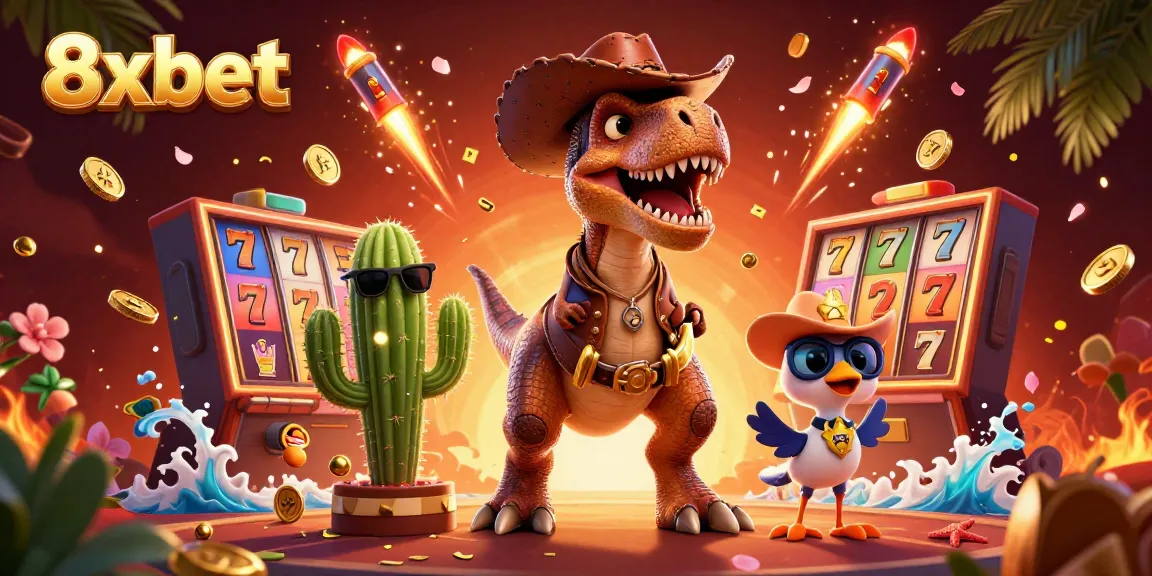 Engage with thrilling slots at 8xbet featuring a T-Rex dinosaur alongside a cactus character in this vibrant casino scene.