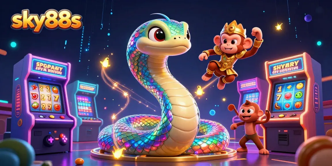 Join the thrilling experience at sky88s with a vibrant 3D illustration of an iridescent serpent and a playful monkey king amidst casino excitement.