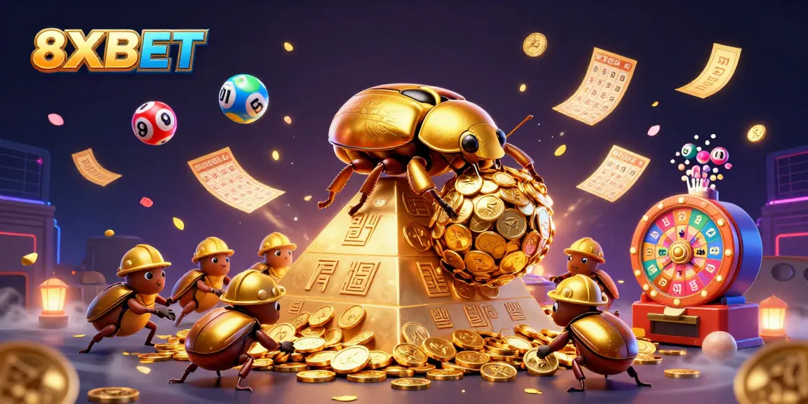 Experience thrilling wins with 8XBET's vibrant gambling scene featuring golden coins and dynamic lottery elements.
