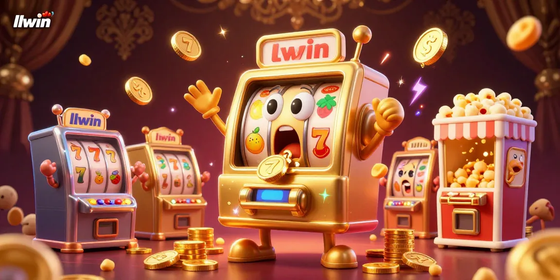 Spin the jackpot wheel with llwin's golden slot machine pouring coins amidst cheering mini machines and vibrant game elements.