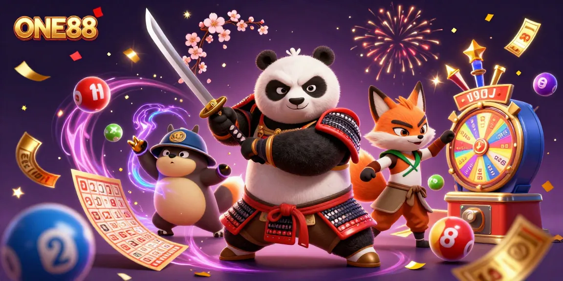 ONE88 casino features a dynamic scene with samurai panda, ninja fox, and magical tanuki amidst festive gambling elements.