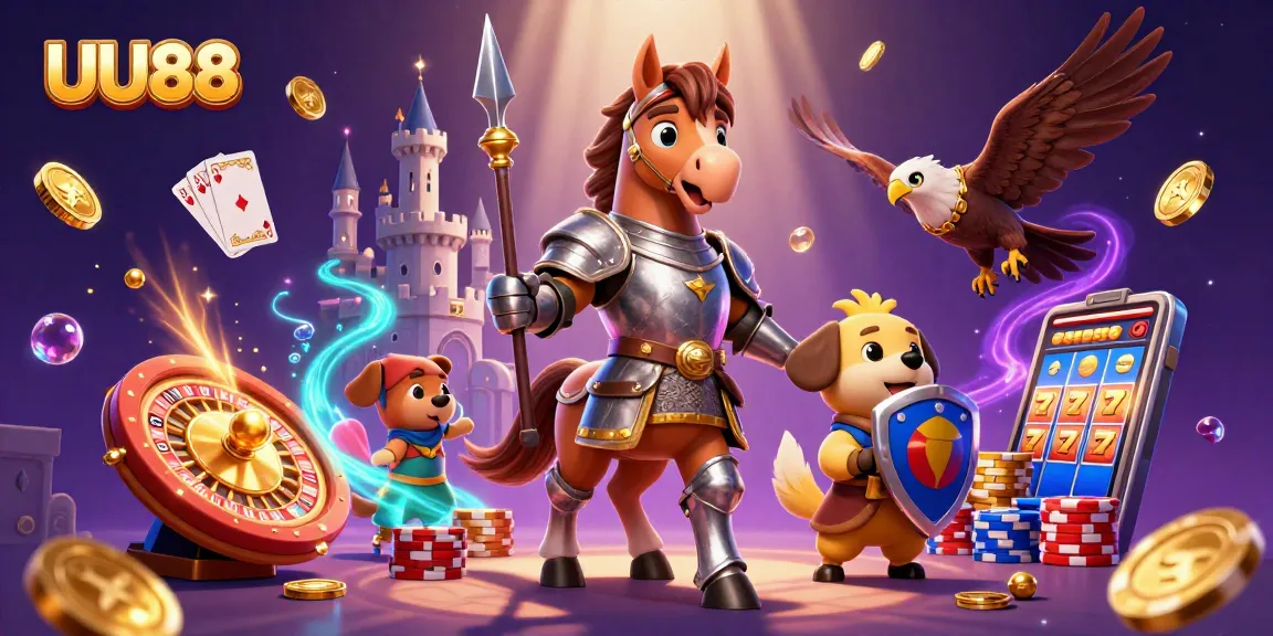 Experience the captivating gaming world of UU88 with a knight, puppy, and falcon amidst dazzling casino elements.