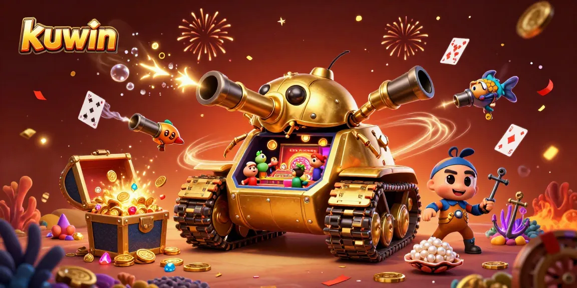 Kuwin enhances gameplay with a vibrant 3D illustration of a golden beetle tank featuring a miniature casino.
