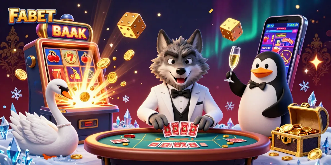 Experience thrilling gameplay at FABET with a debonair wolf and elegant characters amidst a vibrant casino scene.