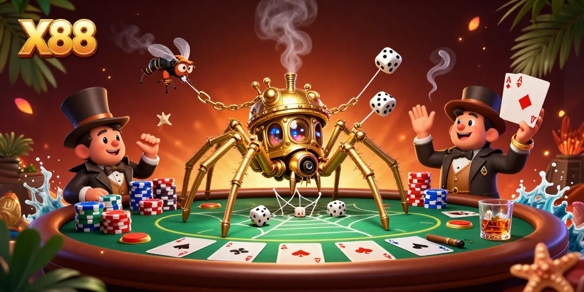 Engage with X88's vibrant gaming atmosphere, showcasing a golden spider and poker elements.