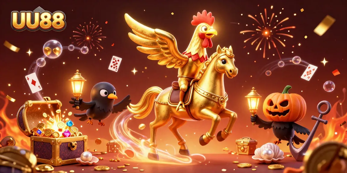 Join UU88 in this vibrant casino scene with a golden rooster and whimsical characters celebrating wins.