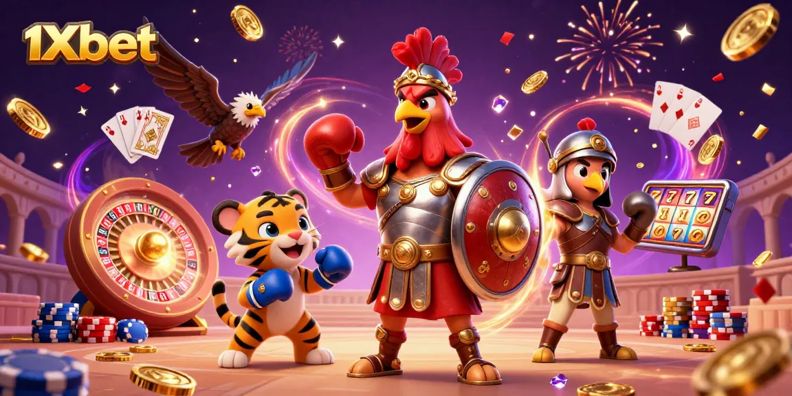 Engage in exhilarating games at 1xbet with dynamic visuals of casino action featuring a battling rooster and betting elements.