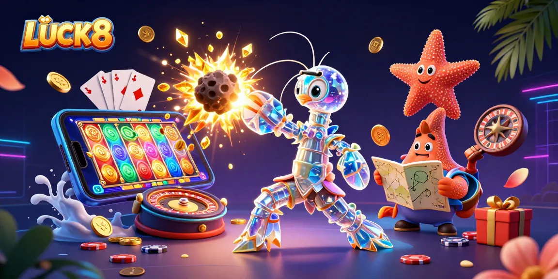Experience exciting gameplay at LUCK8 with vibrant casino-themed galactic illustration and dynamic game visuals.