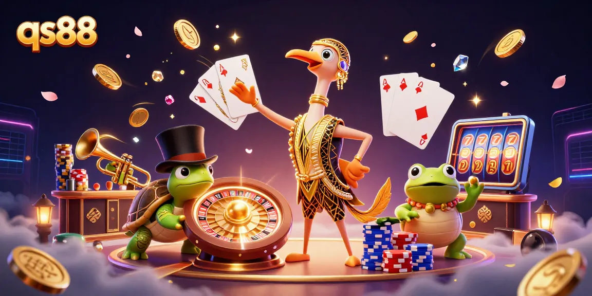 Experience the dynamic excitement of qs88 with a vibrant 3D casino scene featuring characters and game elements.