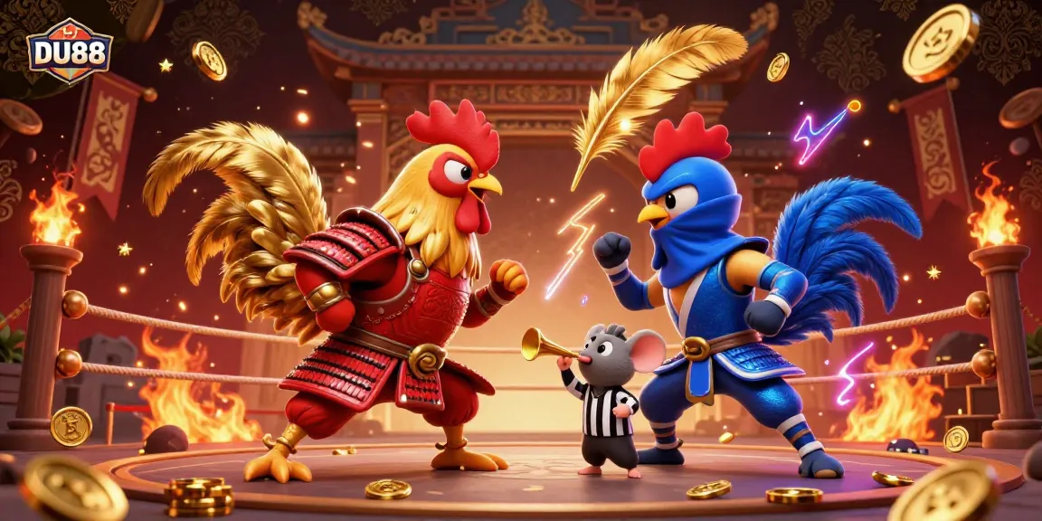Experience the thrilling DU88 standoff with 3D cartoon fighting roosters in an electrifying arena.