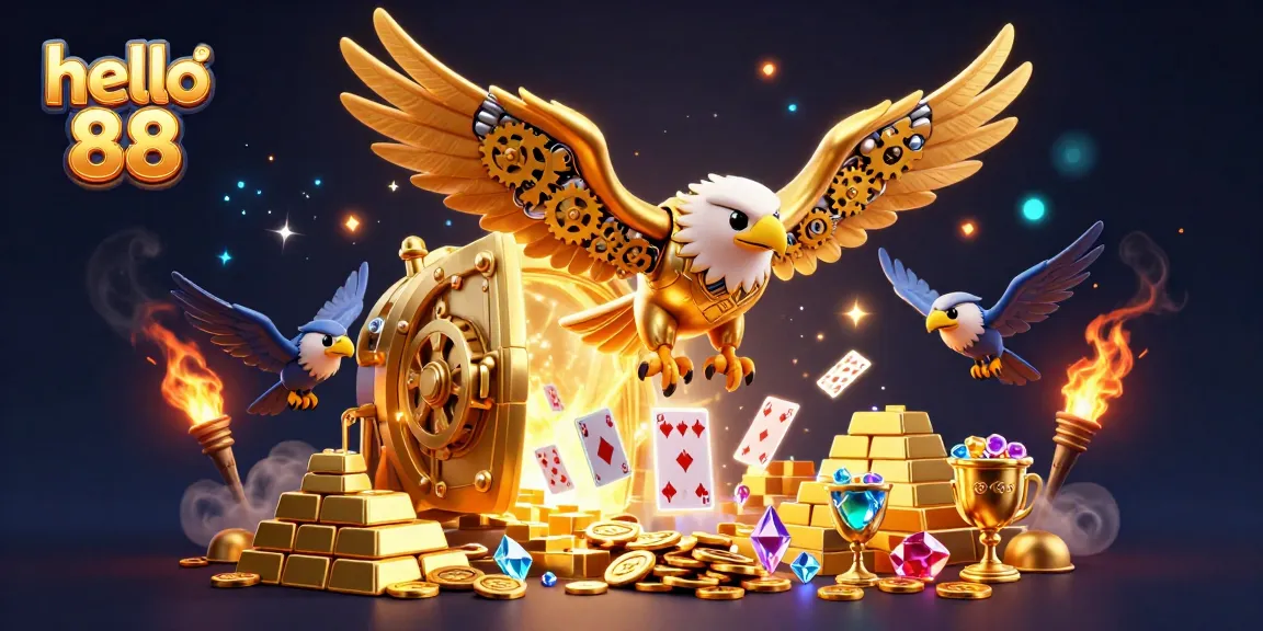 Hello 88 showcases epic gameplay featuring a cybernetic golden eagle amidst treasure, cards, and gems.