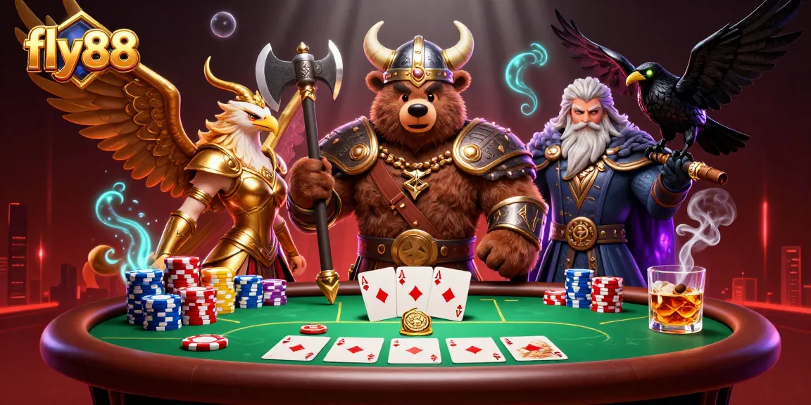Experience thrilling poker action at fly88 with Viking characters and vibrant casino elements.
