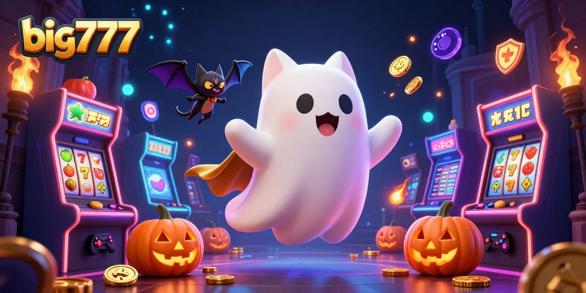 Experience thrilling slots at big777 with a ghost cat and vampire bat in an enchanting casino.