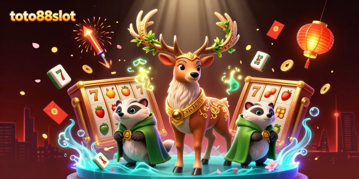 Toto88slot welcomes players with vibrant 3D illustration of Celtic druid stag and slot reels spinning.
