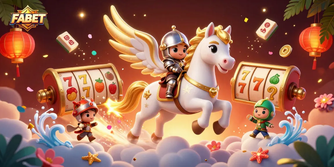 Experience thrilling slots at FABET with a 3D celestial horse and knight amidst vibrant casino elements.