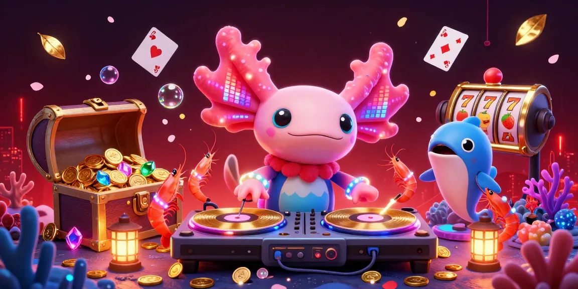 DA88 casino scene featuring a neon axolotl DJ and lively underwater elements for an exciting gaming experience.