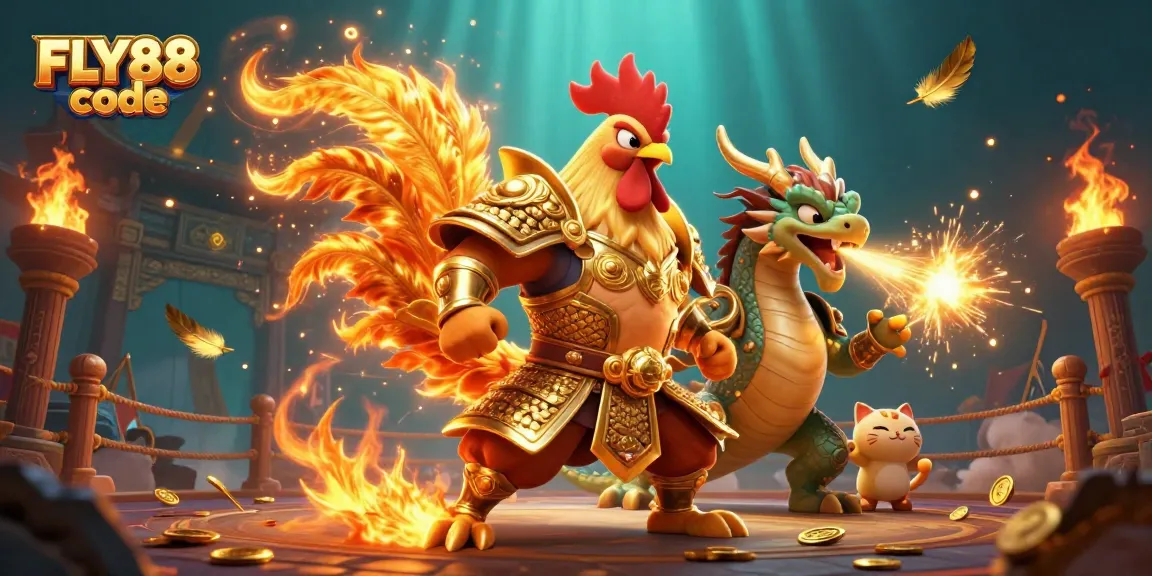 Engage with the thrilling FLY88 code universe, featuring a fierce rooster warrior and dragon in a vibrant casino scene.
