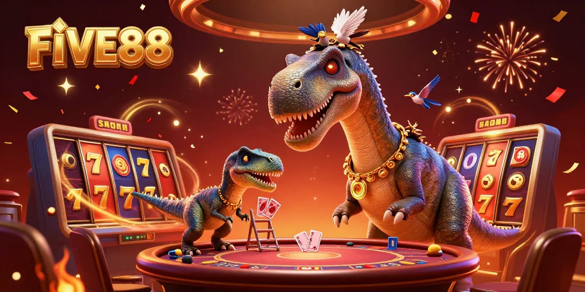 Engage in thrilling gameplay with FIVE88's vibrant casino illustration featuring a playful dinosaur theme.