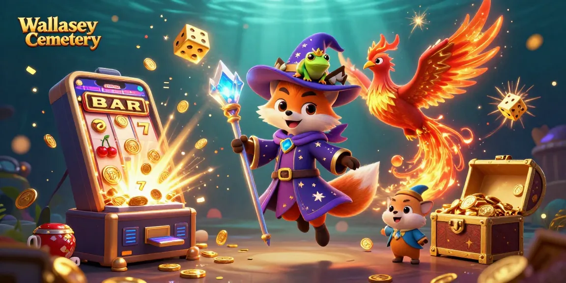 Engage with Wallasey Cemetery's immersive casino theme featuring a magical fox and phoenix amid vibrant gaming elements.
