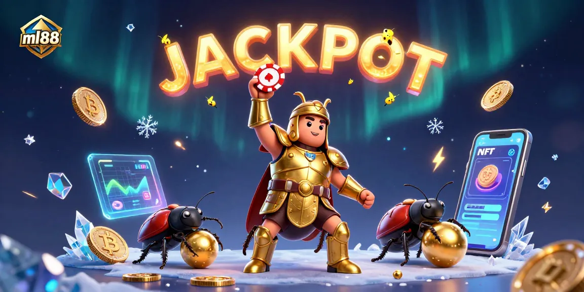 Experience the excitement of ml88 with a victorious beetle champion among crypto coins and jackpot elements.
