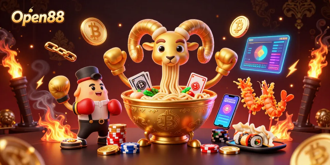 Experience Open88 with a playful giant ramen bowl dealer and vibrant casino elements in a rich, dynamic scene.