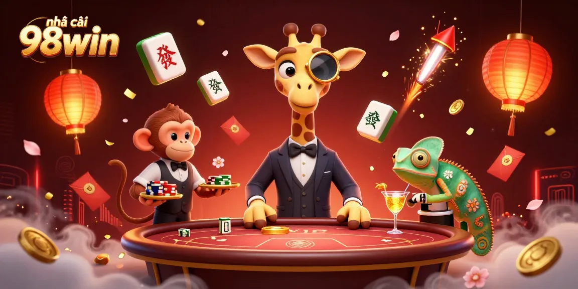Experience the excitement of nhà cái 98win with a captivating 3D casino scene featuring a high-roller giraffe, monkey valet, and chameleon bartender.