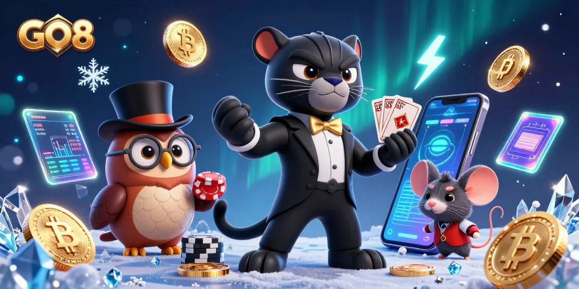 Engaging scene portraying the stylish GO8 casino brand with characters playing cards amidst vibrant gaming elements.