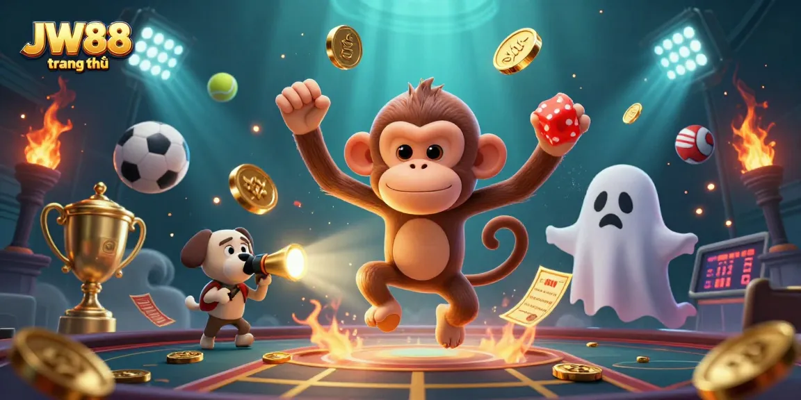 Experience dynamic gameplay at JW88 trang chủ with a lively scene of a mischievous monkey and a curious puppy.