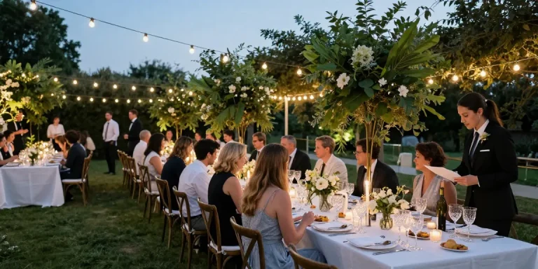 Outdoor wedding setup showcasing Casablanca Hire's elegant marquee, complete with decorated tables and joyful guests.