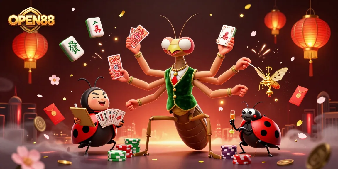 Engage with OPEN88 at the lively casino with a giant mantis card sharp, ladybug pit boss, and animated game elements.