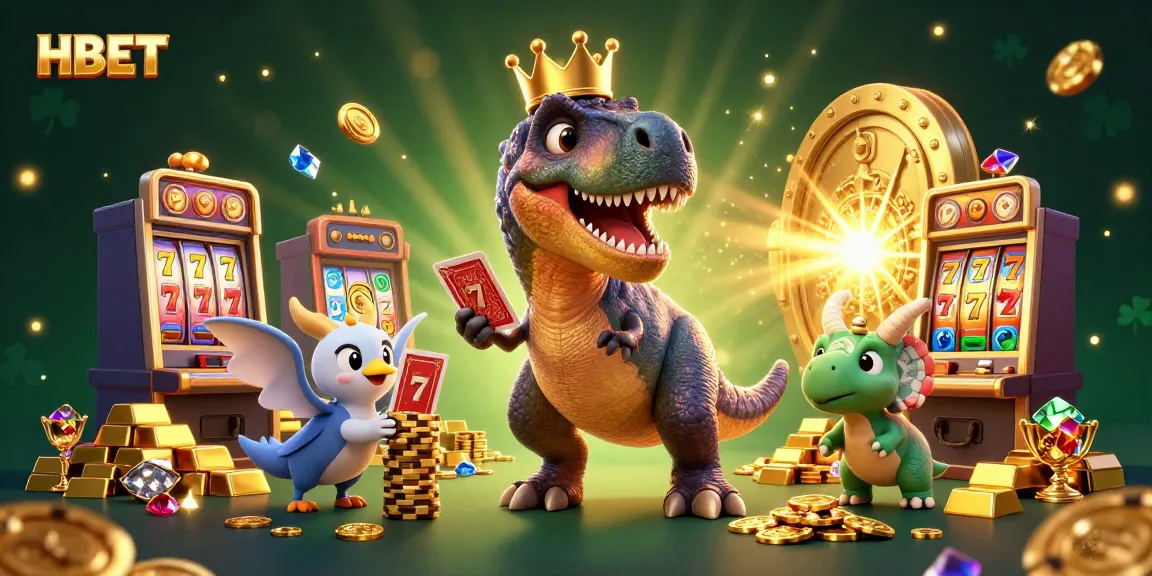 Experience thrilling casino excitement with HBET's cartoon illustration featuring T-Rex, pterodactyl, and triceratops.