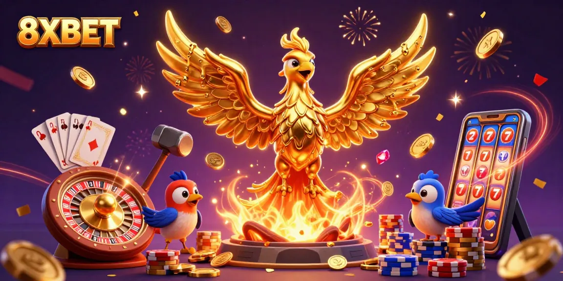 Engage with 8XBET's spectacular gaming experience featuring molten gold phoenix and thrilling casino elements.