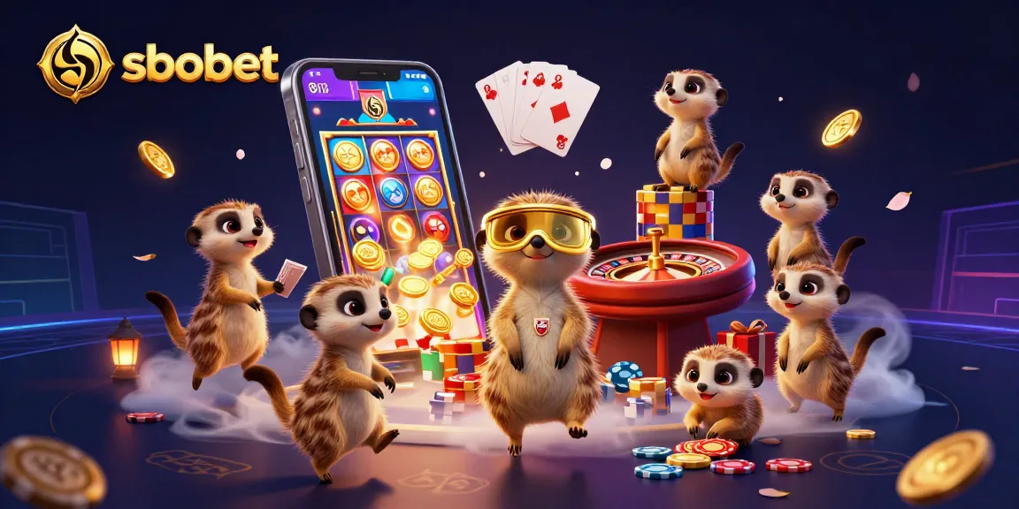 Experience sbobet's vibrant casino with meerkats amidst dynamic gaming elements in a playful 3D scene.