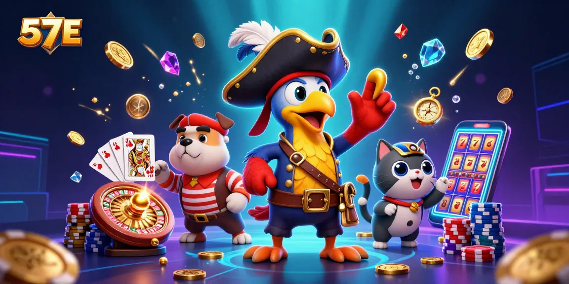 Experience thrilling casino adventures at 57E with vibrant characters, golden coins, and slot machine excitement.