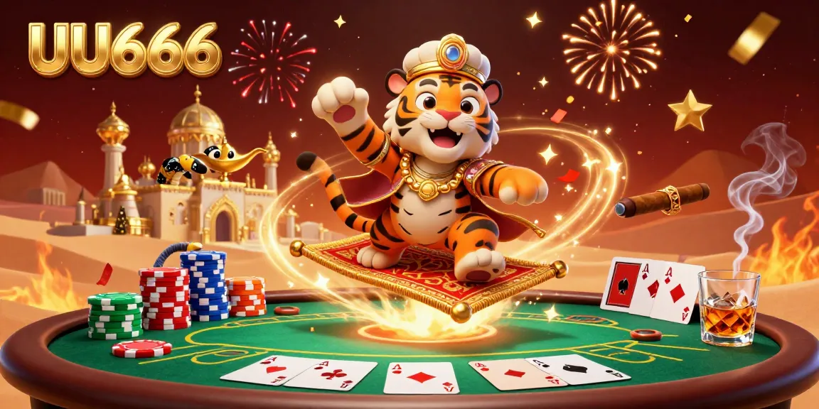Experience vibrant gaming with UU666 featuring a tiger sultan and poker elements in a magical casino scene.