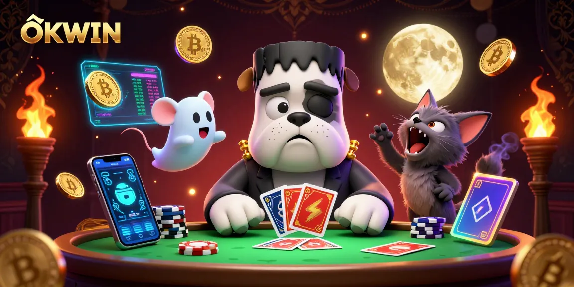 Engage with OKWIN's thrilling casino experience featuring a cartoon bulldog dealer and crypto elements.