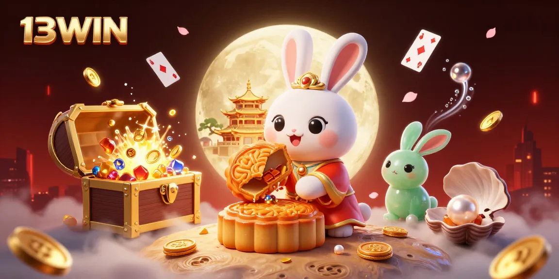 Engage in thrilling action with 13WIN at a vibrant online casino scene featuring lucky moon rabbits and poker chips.