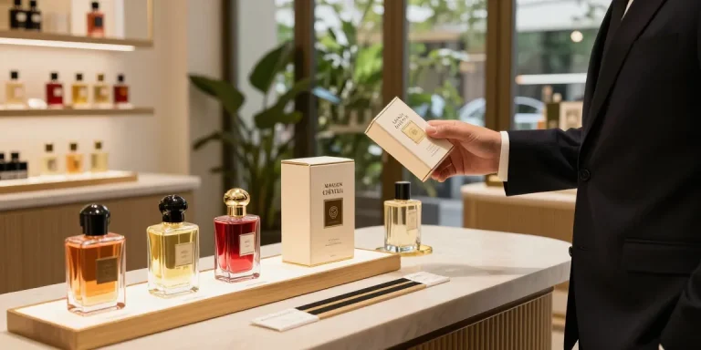 A person exploring Maison Crivelli fragrances in a chic boutique, surrounded by elegant perfume bottles and lush greenery.
