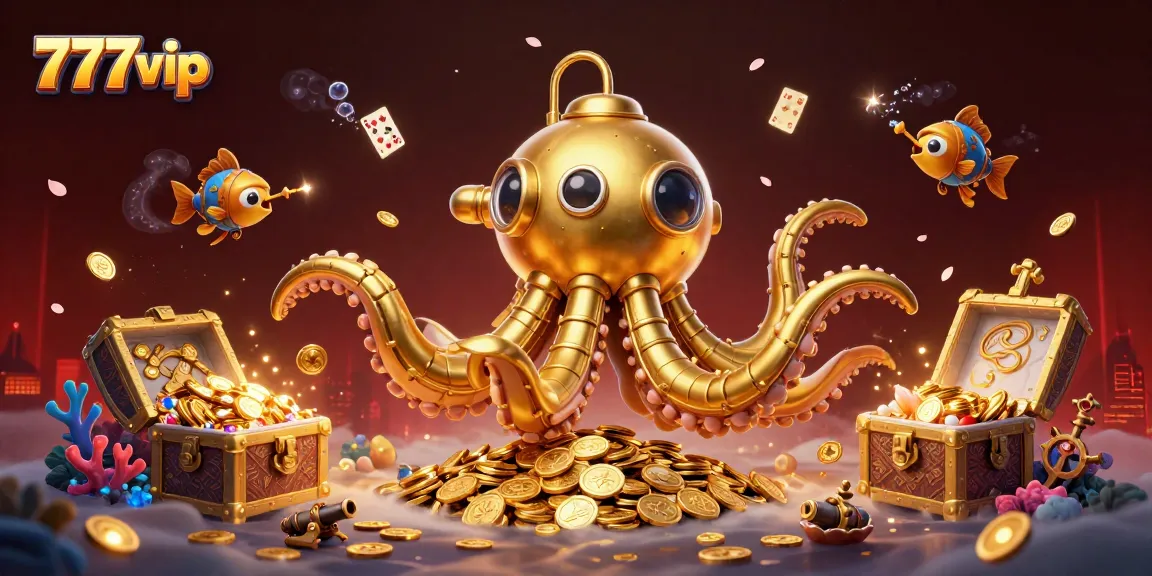 Engage in thrilling gameplay with 777vip's dynamic 3D casino scene of a kraken submarine amidst golden treasures.