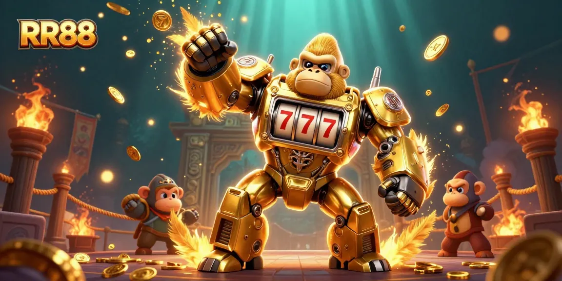 Experience the excitement of RR88 with a dynamic 3D golden gorilla mech and vibrant casino elements.