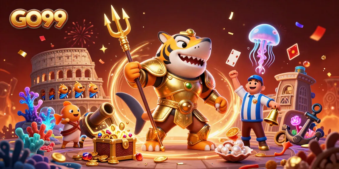 Experience thrilling wins at GO99 with vibrant underwater casino action and a golden shark defender.