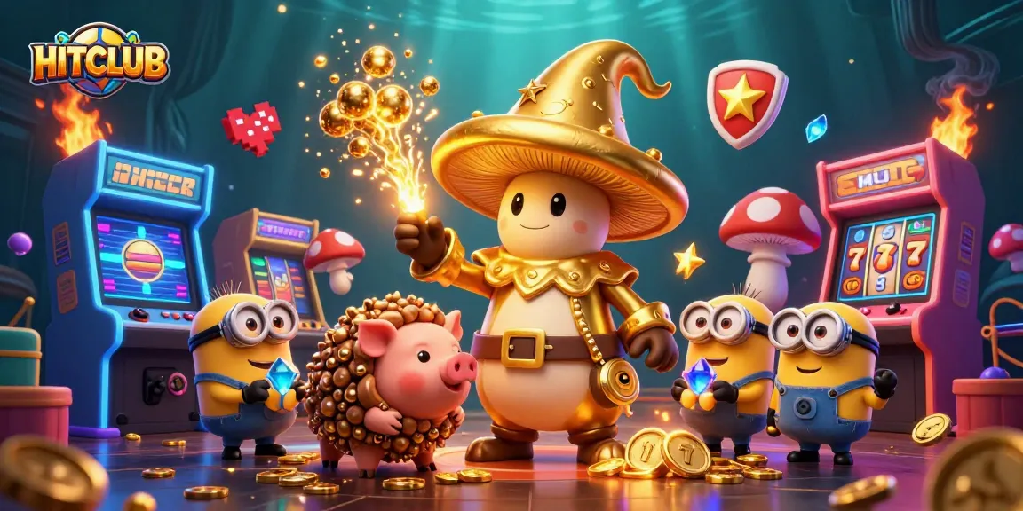 Engage in epic HITCLUB gaming with magical characters and vibrant casino elements in a rich 3D scene.
