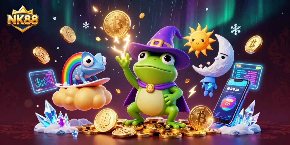 Experience winning at NK88 with a vibrant illustration of a wizard frog and chameleon in a golden coin storm.