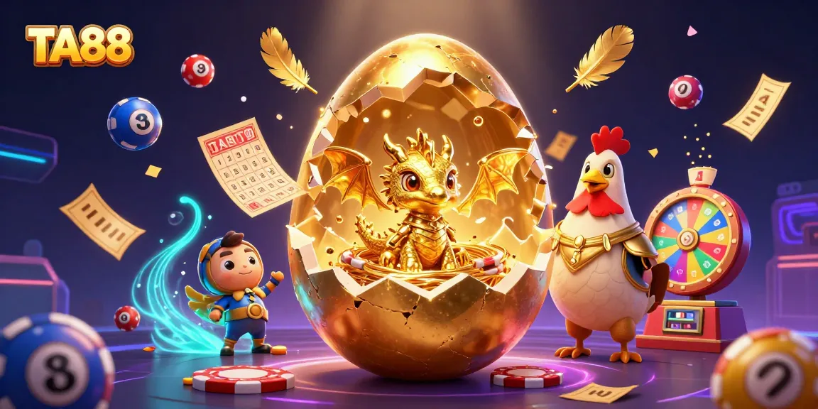 Experience the thrill of TA88 with a dynamic casino scene featuring a golden dragon amidst colorful gambling elements.