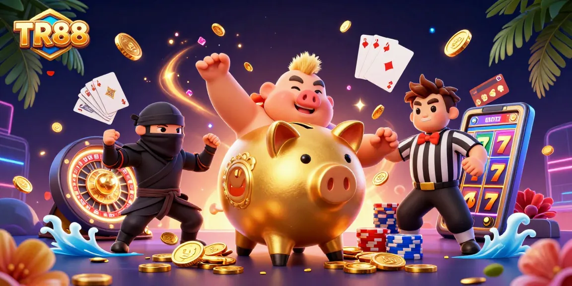 Engage with TR88's thrilling casino action featuring golden piggy bank sumo wrestler, vibrant casino elements.